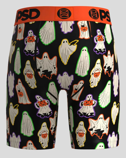 Black shorts with colorful ghost and pumpkin print pattern, orange PSD waistband.