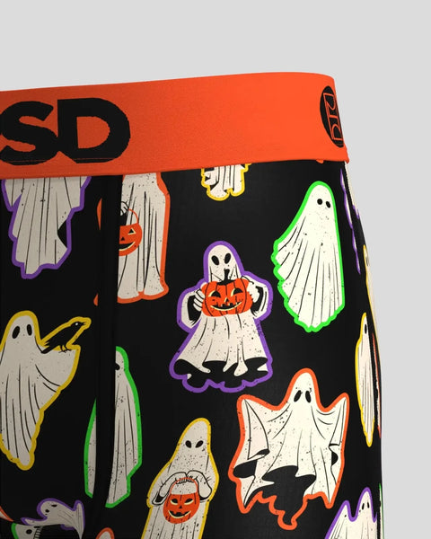 Black underwear with colorful ghost and pumpkin print, orange waistband with 