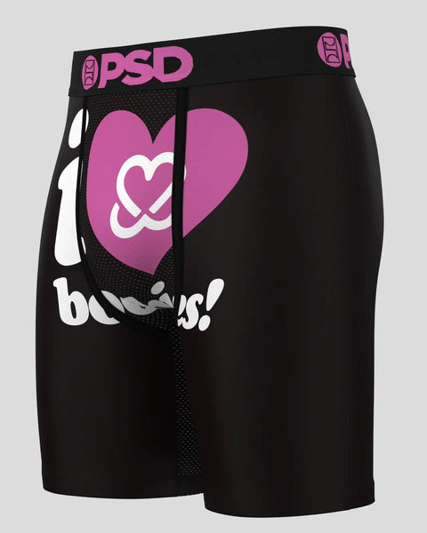 Black PSD boxer briefs with pink heart graphic and white 