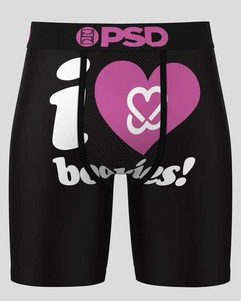 Black PSD boxer briefs with pink waistband featuring white text and pink heart graphic with white heart symbol.