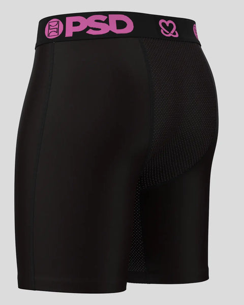Black PSD boxer briefs with pink waistband featuring logo and heart designs.