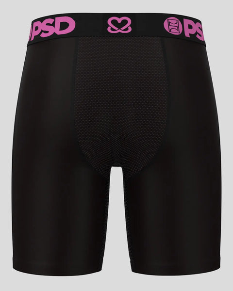 Black boxer briefs with pink waistband featuring PSD branding and heart logo.