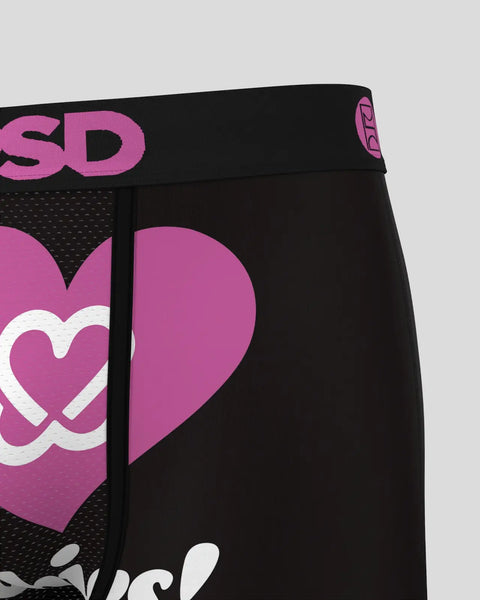 Black boxer briefs with pink heart graphics and 