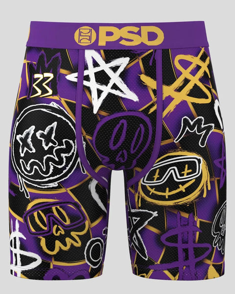 PSD boxer briefs with purple waistband, black mesh panels, and multicolored graphic design featuring abstract faces and symbo