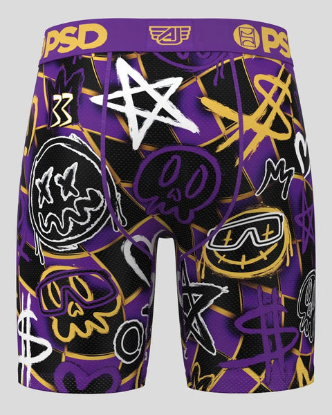 PSD boxer briefs with purple, black and gold graphic print featuring stylized symbols and designs.