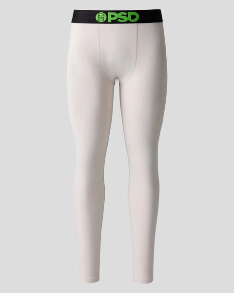 Ash-colored compression leggings with black PSD waistband featuring green logo and center seam.