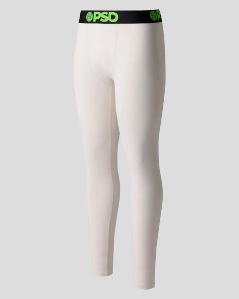 Ash-colored fitted leggings with black and green PSD waistband.
