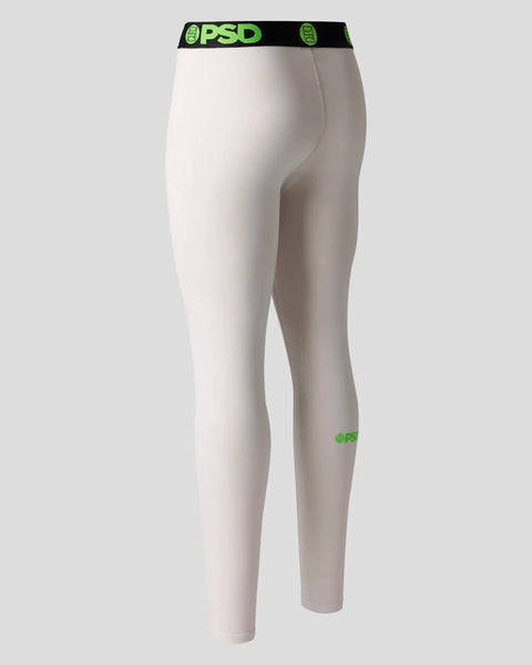 Ash-colored compression tights with black and green PSD waistband and green logo on leg.