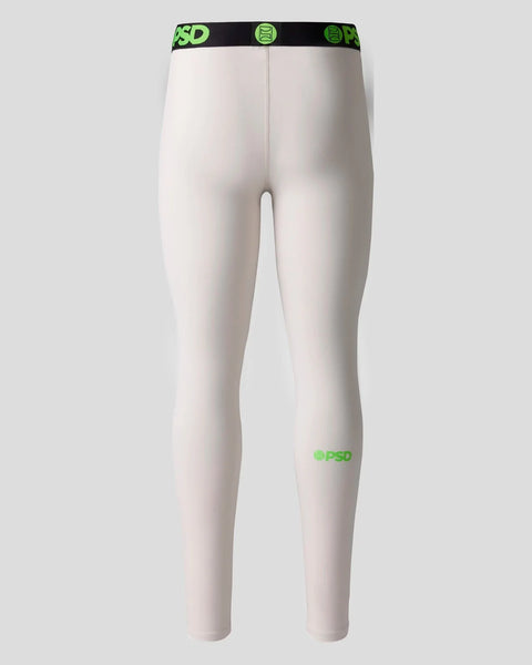 Ash-colored compression tights with black and neon green waistband and branding.