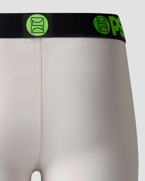 Ash-colored compression tight with black and neon green waistband featuring brand logo.