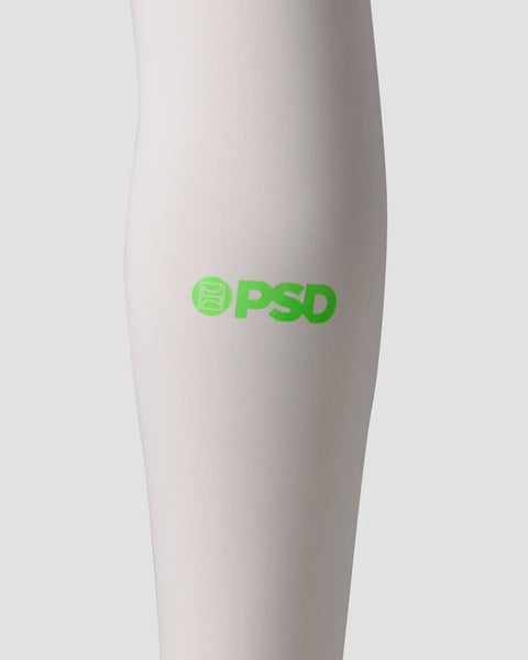 Ash gray fitted legging with green PSD logo on thigh.
