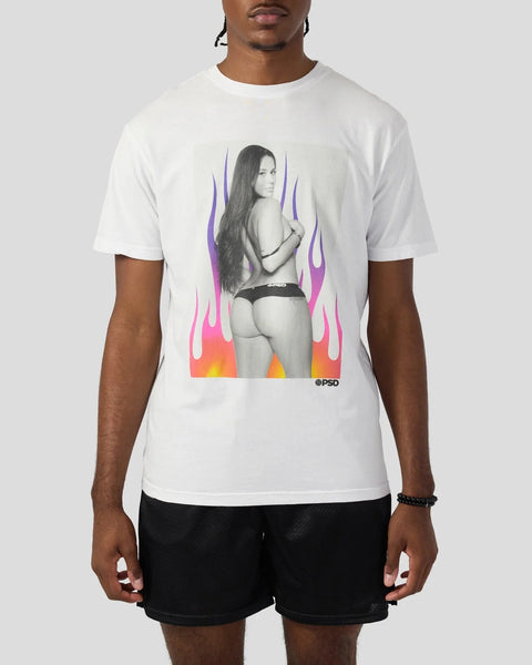 White crewneck tee with graphic print featuring portrait and flame design in purple, pink, and yellow tones.