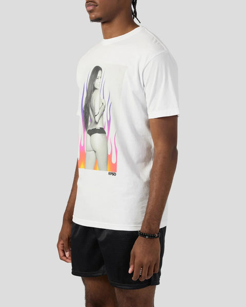 White short-sleeve tee with grayscale portrait graphic surrounded by gradient flame design and PSD logo.