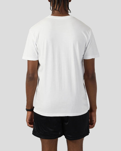 White short-sleeve crewneck t-shirt shown from back view on model wearing black shorts.