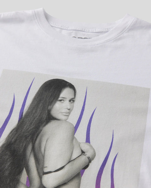 White crewneck tee with black and white portrait graphic and purple flame designs on front.