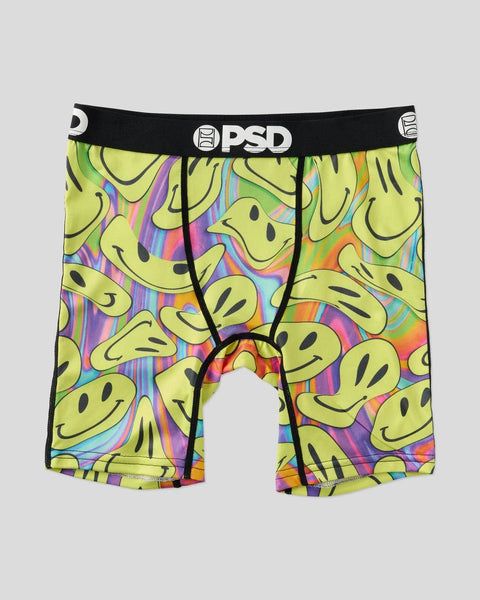 PSD brand boxer briefs with yellow smiley face and colorful rainbow gradient pattern throughout.