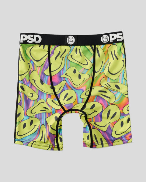Men's boxer briefs with yellow smiley face pattern on multicolor background and black PSD waistband.