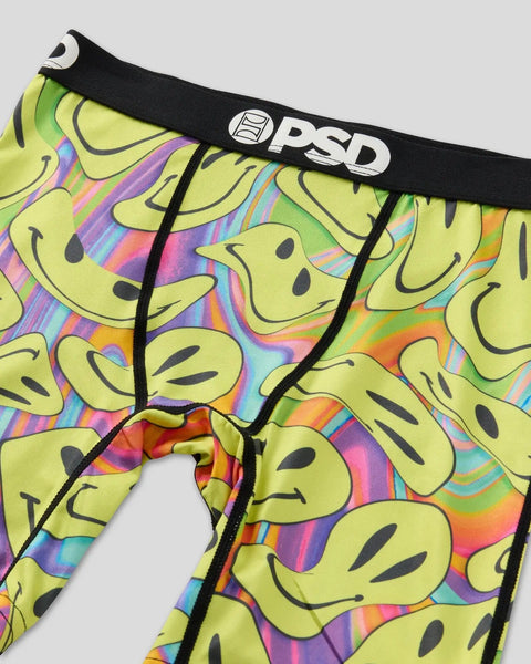 Yellow smiley face print underwear with rainbow background and black PSD waistband.