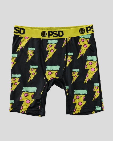 Black boxer briefs with yellow pizza slice and pink circle pattern, yellow PSD waistband.