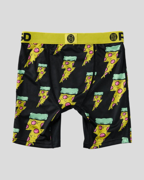 Black boxer briefs with yellow pizza slice and green money pattern, yellow waistband with black logo.