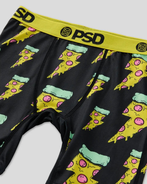 Black briefs with repeating yellow pizza slice pattern, pink pepperoni circles, mint green cheese, and yellow PSD waistband.