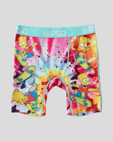 Boxer shorts with Bart Simpson skateboarding repeatedly across colorful watercolor splatter background and turquoise PSD wais