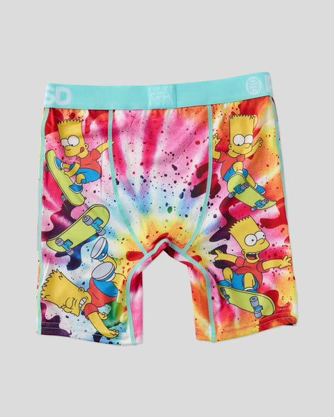 Bart Simpson skateboarding print boxer briefs with turquoise waistband and colorful watercolor background.