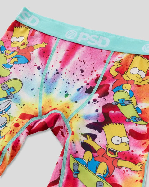 Bart Simpson skater print underwear with turquoise waistband and colorful splatter design on pink background.