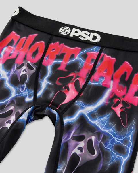Black PSD underwear with neon pink and blue ghost face graphic and lightning bolt design.