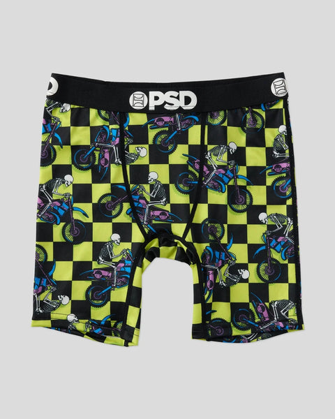 PSD boxer briefs with black and neon yellow checkerboard pattern featuring colorful skeleton motorcycle riders throughout.