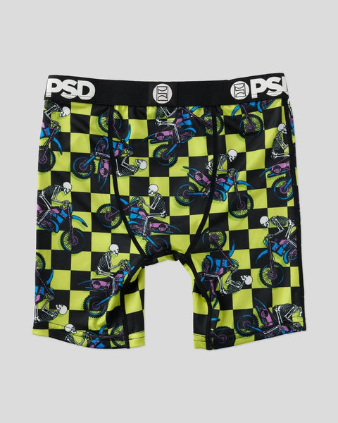 Black and neon yellow checkered boxer briefs with colorful skeleton biker graphics and PSD waistband.