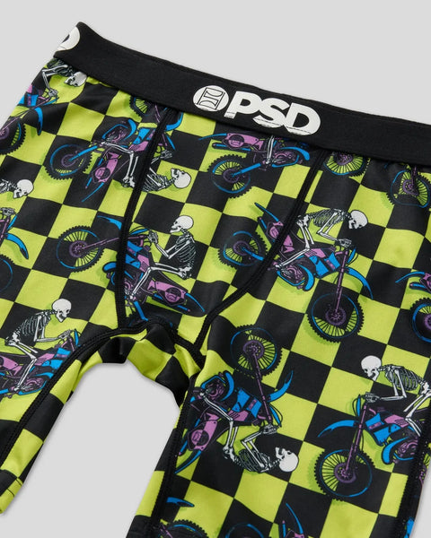 Black and neon yellow checkered boxer briefs with colorful skeleton motorcycle graphics and PSD waistband.