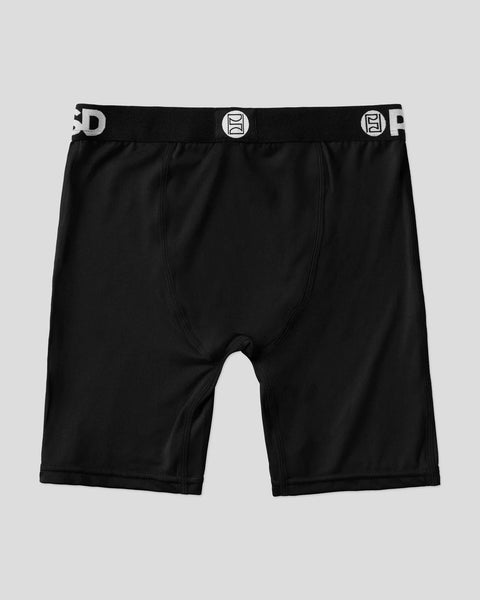 Black boxer briefs with elastic waistband and circular logo badges on the sides.