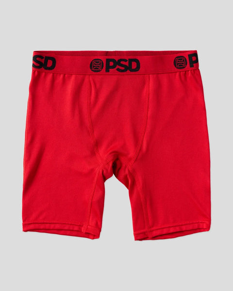 Bright red boxer briefs with black PSD branding on the elastic waistband.