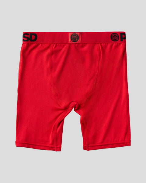 Red solid-color boxer briefs with black branded waistband and tonal stitching.