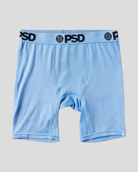 Light blue boxer briefs with black PSD waistband and center seam stitching.