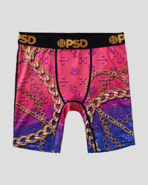 PSD boxer briefs with black waistband, featuring pink and blue ombre base with gold chain and rope print throughout.