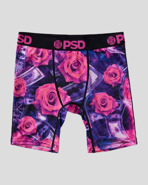 Three PSD boxer briefs with black waistband featuring pink roses and purple abstract patterns.