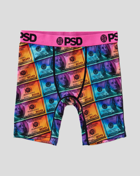 Boxer briefs with neon pink waistband and multicolored dollar bill print throughout.
