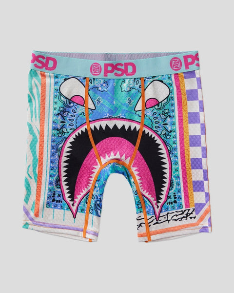 PSD Warface boxer briefs with colorful shark mouth graphic and patterned sides.