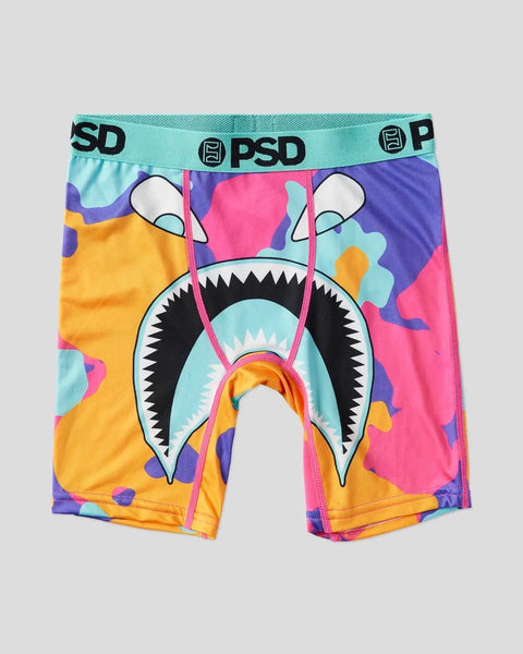 PSD boxer briefs with turquoise waistband and colorful shark mouth design in purple, pink, yellow, and light blue.