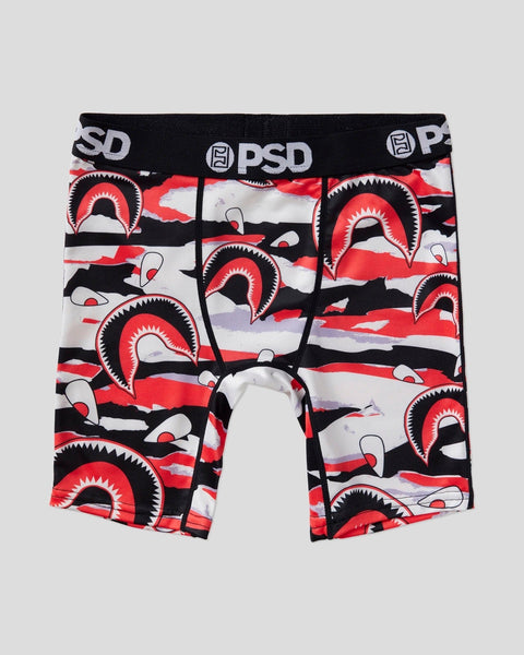 Black boxer briefs with red and white striped pattern and red shark mouth graphic design, PSD waistband visible.