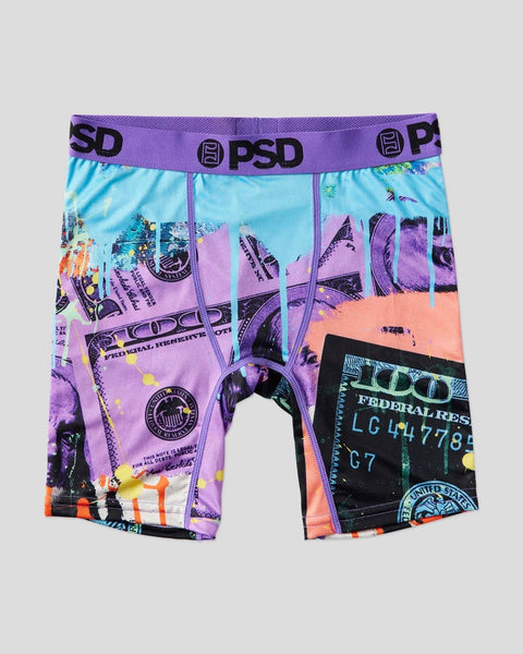 Three boxer briefs with PSD purple waistband and colorful currency print design in blue, purple, pink, and orange.