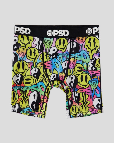 PSD boxer briefs with colorful graffiti-style smiley faces, dripping shapes, and question marks on black background.