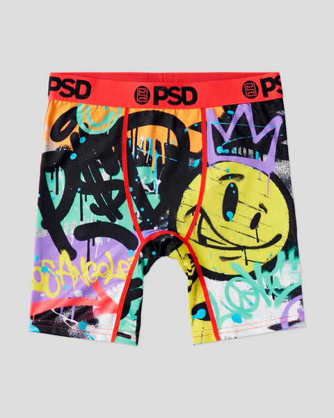 PSD boxer briefs with colorful graffiti art, smiley face design, and red waistband.