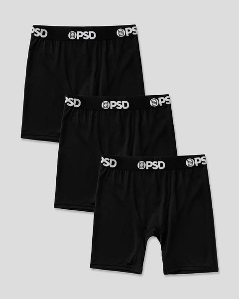 Three black boxer briefs with white PSD branding on elastic waistbands.