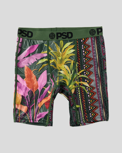 PSD boxer briefs with green waistband featuring colorful tropical plant leaves and geometric patterns on dark background.