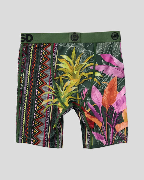Green boxer briefs with geometric aztec patterns on left side and colorful tropical fronds on right side.