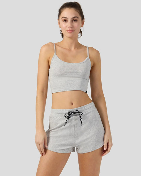 Grey modal cami crop top and shorts sleep set with drawstring waistband on model.