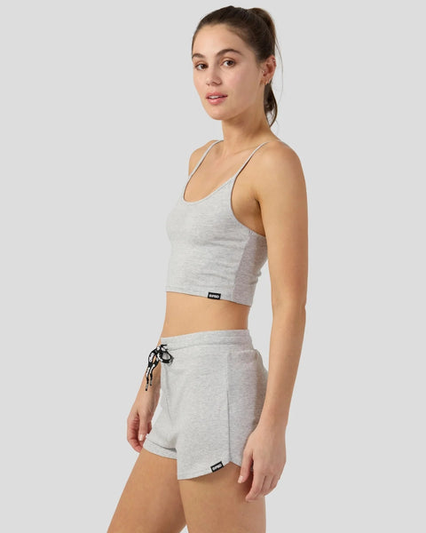 Grey modal cami top and shorts sleep set displayed on model from the side.